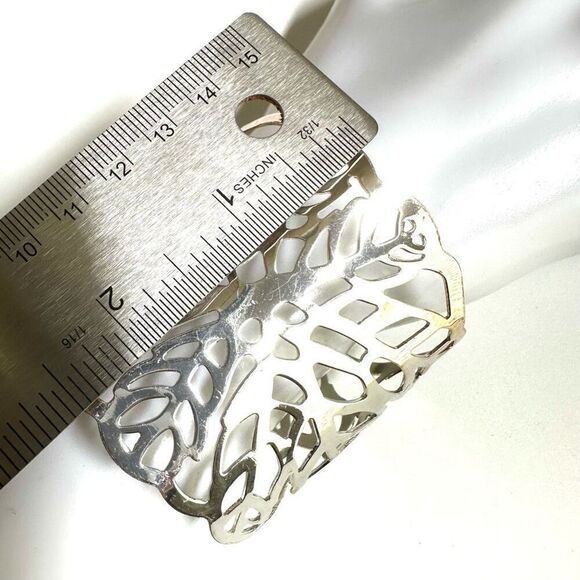 SILVER TONE  EXTRA WIDE FILIGREE CUT OUT  CUFF BRACELET - Picture 3 of 7